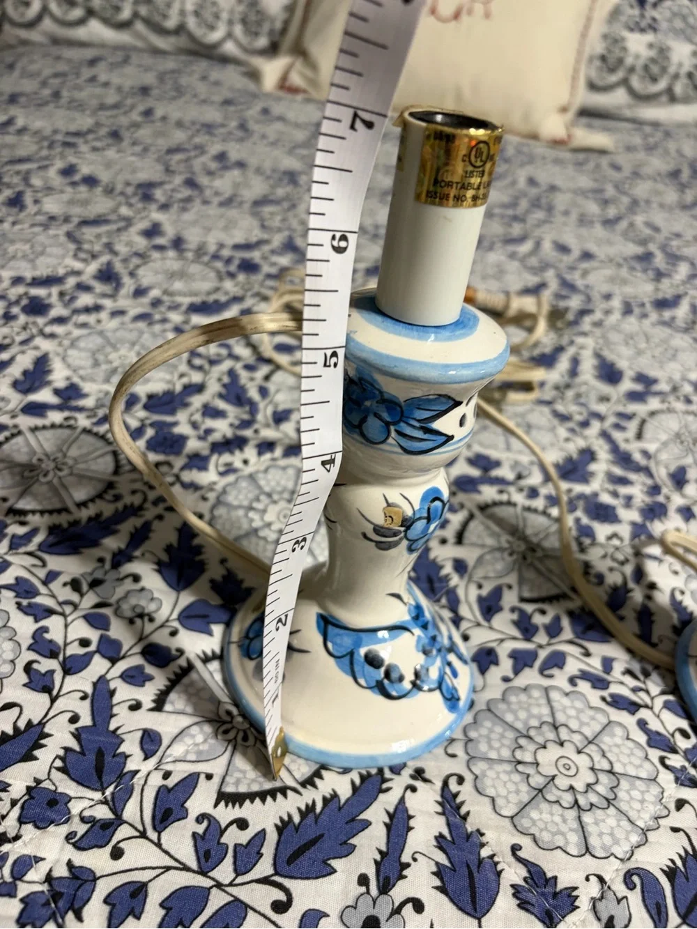 Vintage Blue and White Floral Ceramic Candlestick Lamps - Pair hand painted EUC